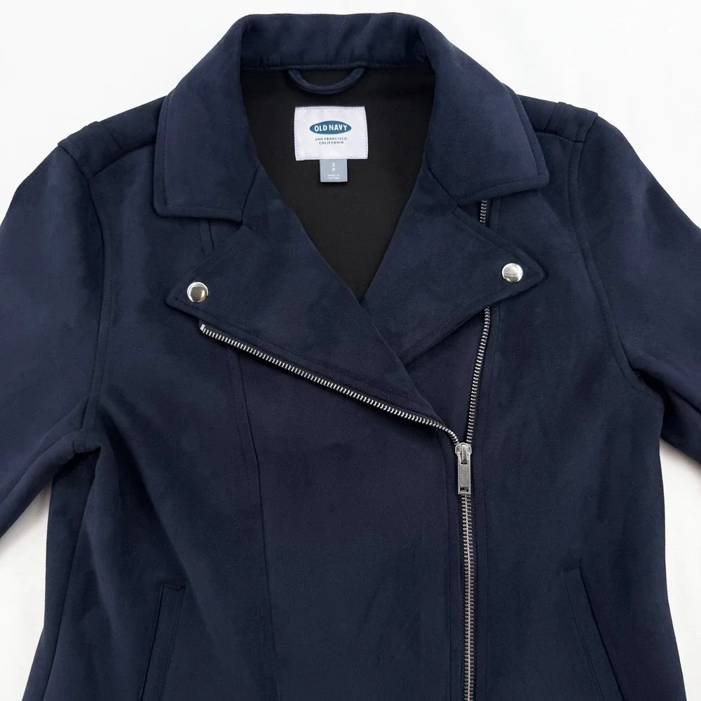 Old Navy Womens Navy Blue Faux Suede Moto Biker Jacket Small Asymmetrical Zip